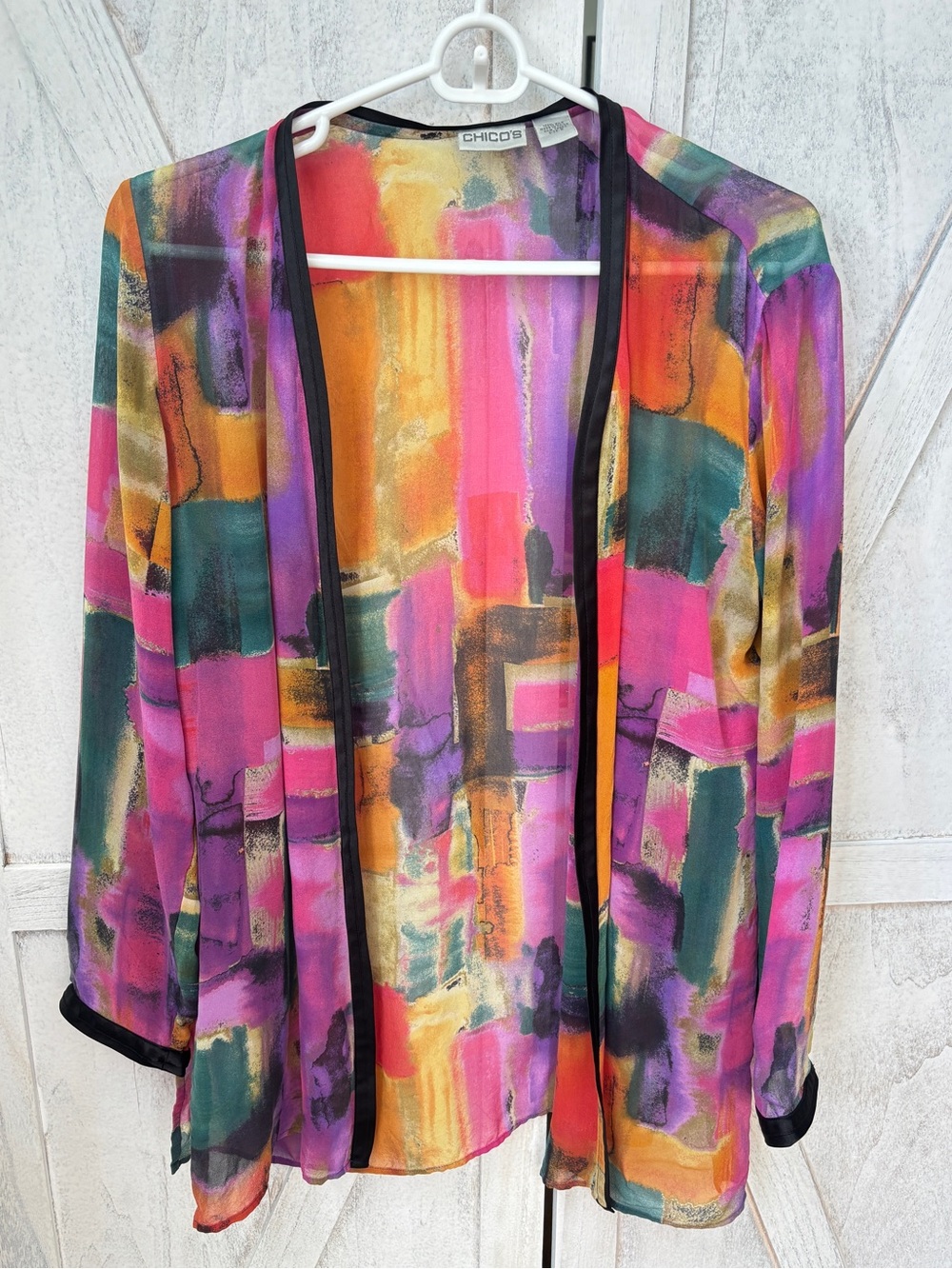 Chicos Silk Kimono Jacket Women’s Size 2 (Large) Multicolor Sheer Art-To-Wear